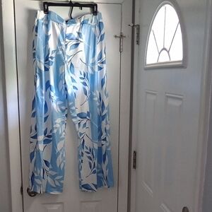 Blue and White Leaf Print Women's Pants, With Wide Legs. New
